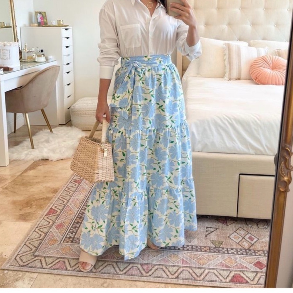 Who What Wear Blue Floral Tiered Maxi Skirt
